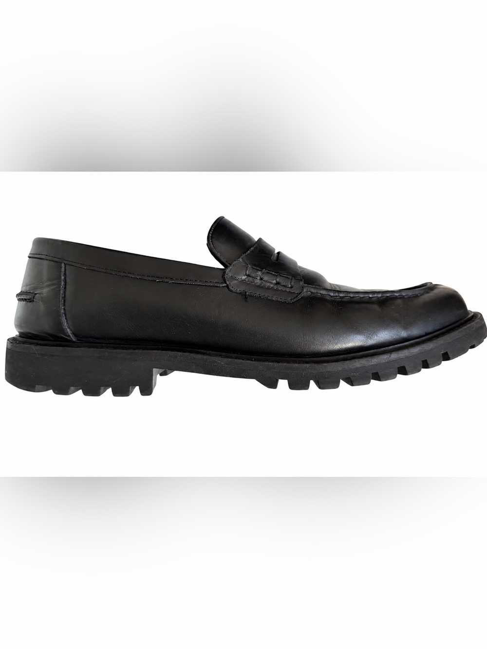 BOSS Hugo Boss Mens 44 Black Leather Penny Loafers Lug Sole Made in Portugal